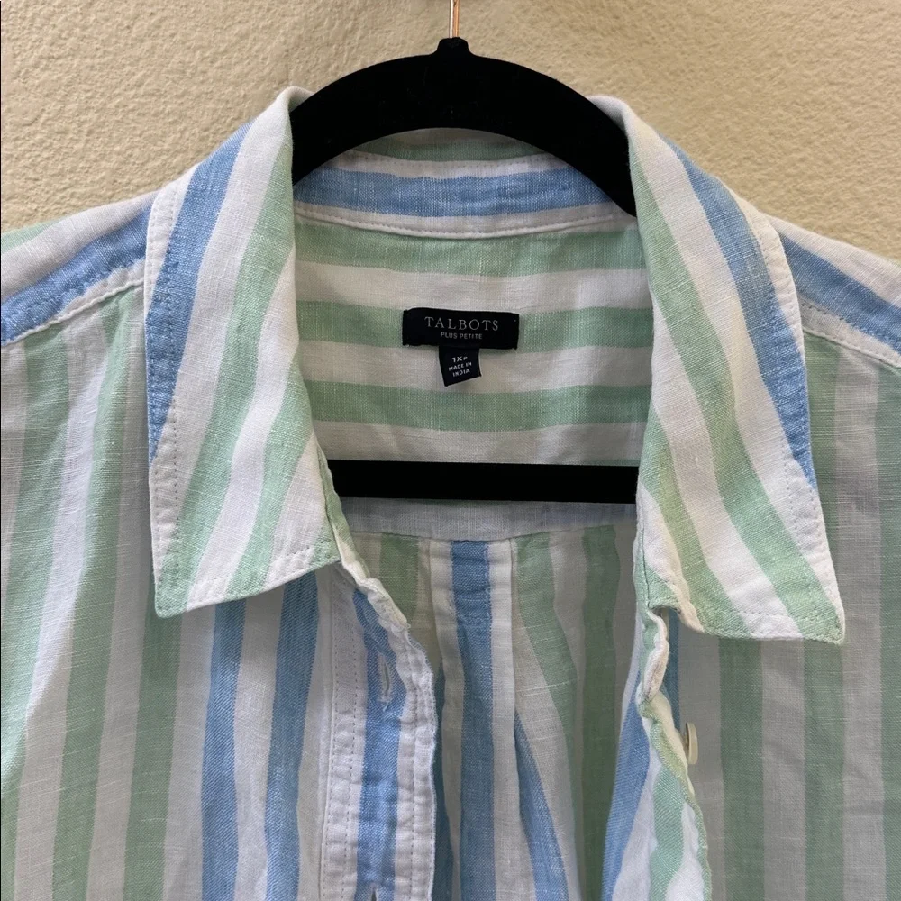 Talbots Linen Matching Set Striped Button Front Shirt & Shorts Blue Green linen